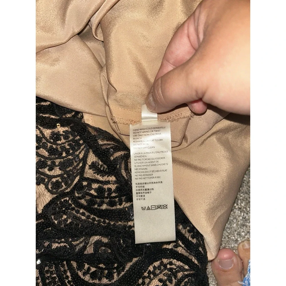 Free People Night Shimmer Mini Dress Plunge Black‎ Sequin Lace Nude Slip Party 2